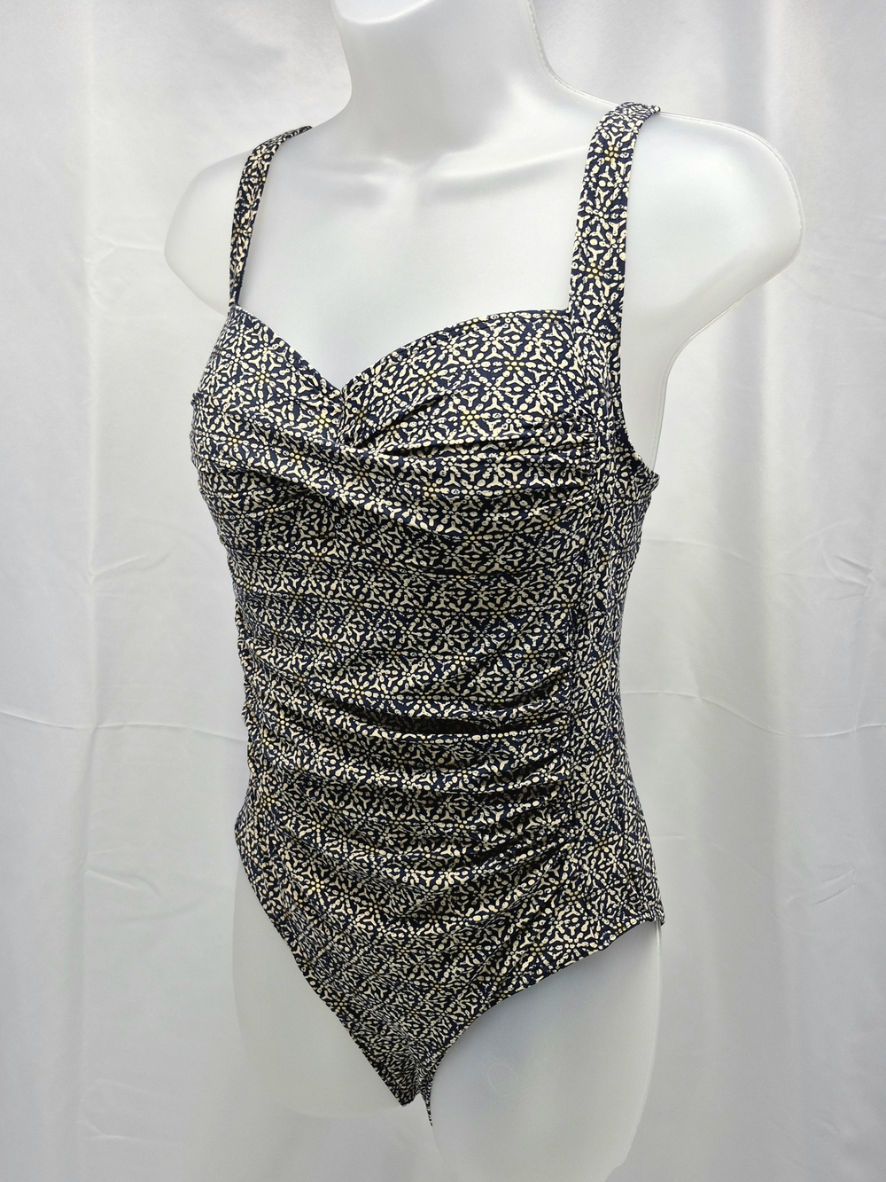 NWOT Nip Tuck Swim Joanne Twist Front One Piece Gold Foil Geometric Navy Size 8